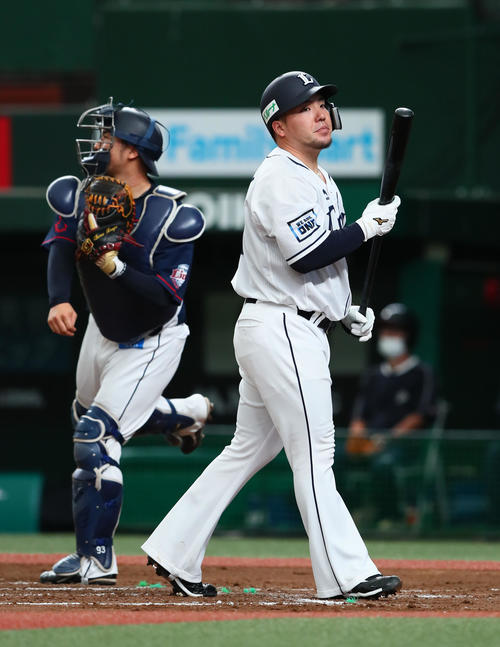 西武紅白戦　5回裏白組1死、空振り三振に倒れた山川（右）（撮影・足立雅史）