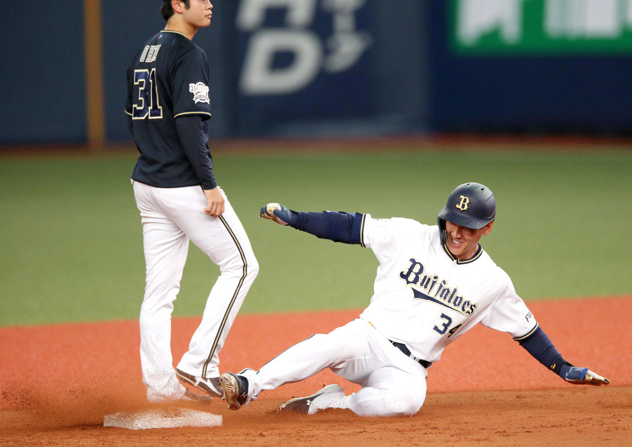 3回裏白組1死満塁、吉田正（右）は右越え2点適時二塁打を放ち二塁にすべる（撮影・上山淳一）