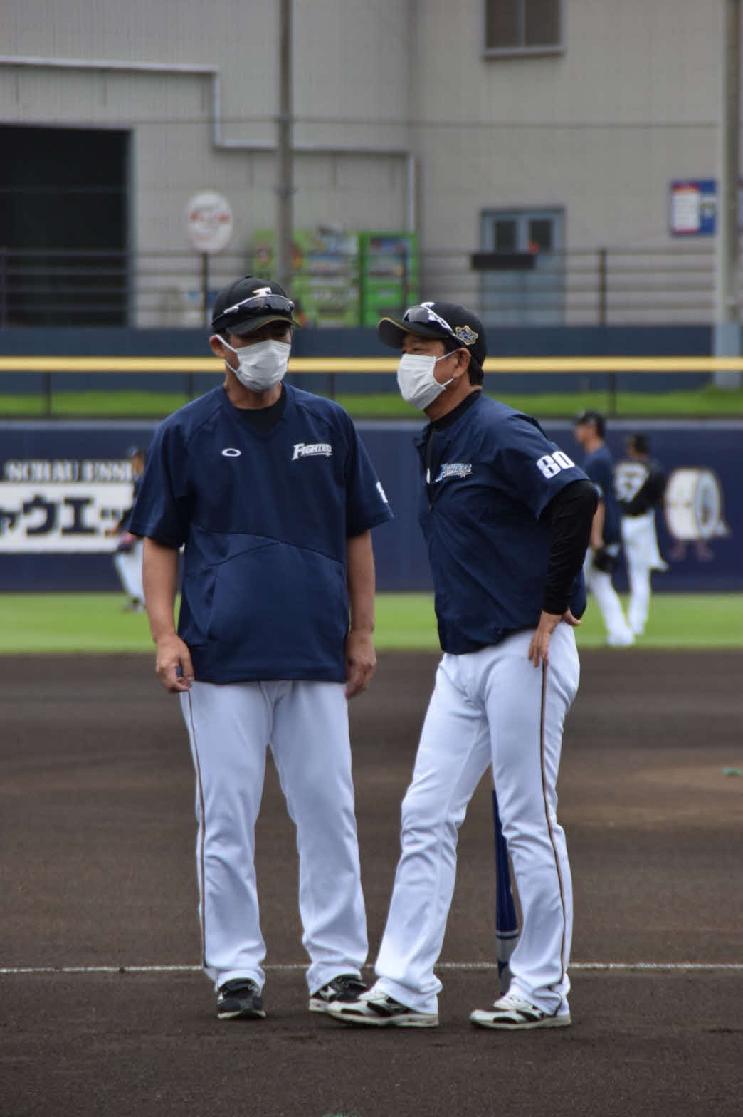 チーム練習を見守った日本ハム栗山監督（右）（球団提供）
