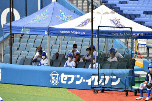 練習試合　DeNA対楽天　密を避けるため観客席から戦況を見つめるDeNAナイン（撮影・滝沢徹郎）