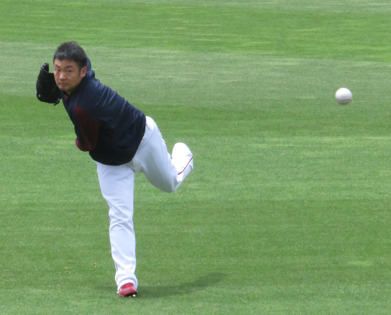 投手練習に参加しキャッチボールする楽天松井（撮影・桑原幹久）