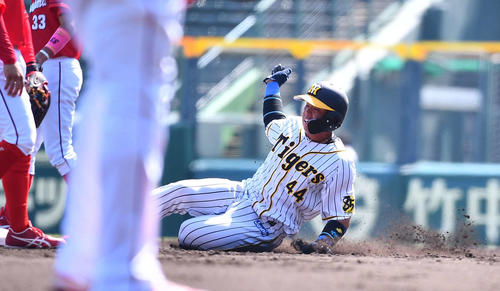 阪神対広島　3回裏阪神1死一塁、二盗に成功する梅野隆太郎（撮影・上田博志）