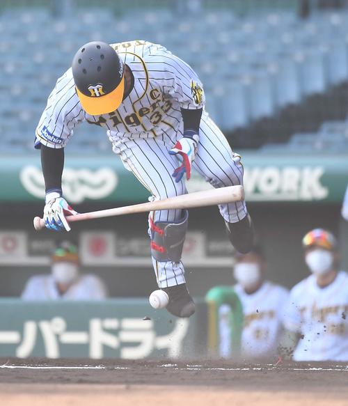 阪神対広島　6回裏阪神1死一塁、右足に死球を受け退場する糸原健斗（撮影・上田博志）