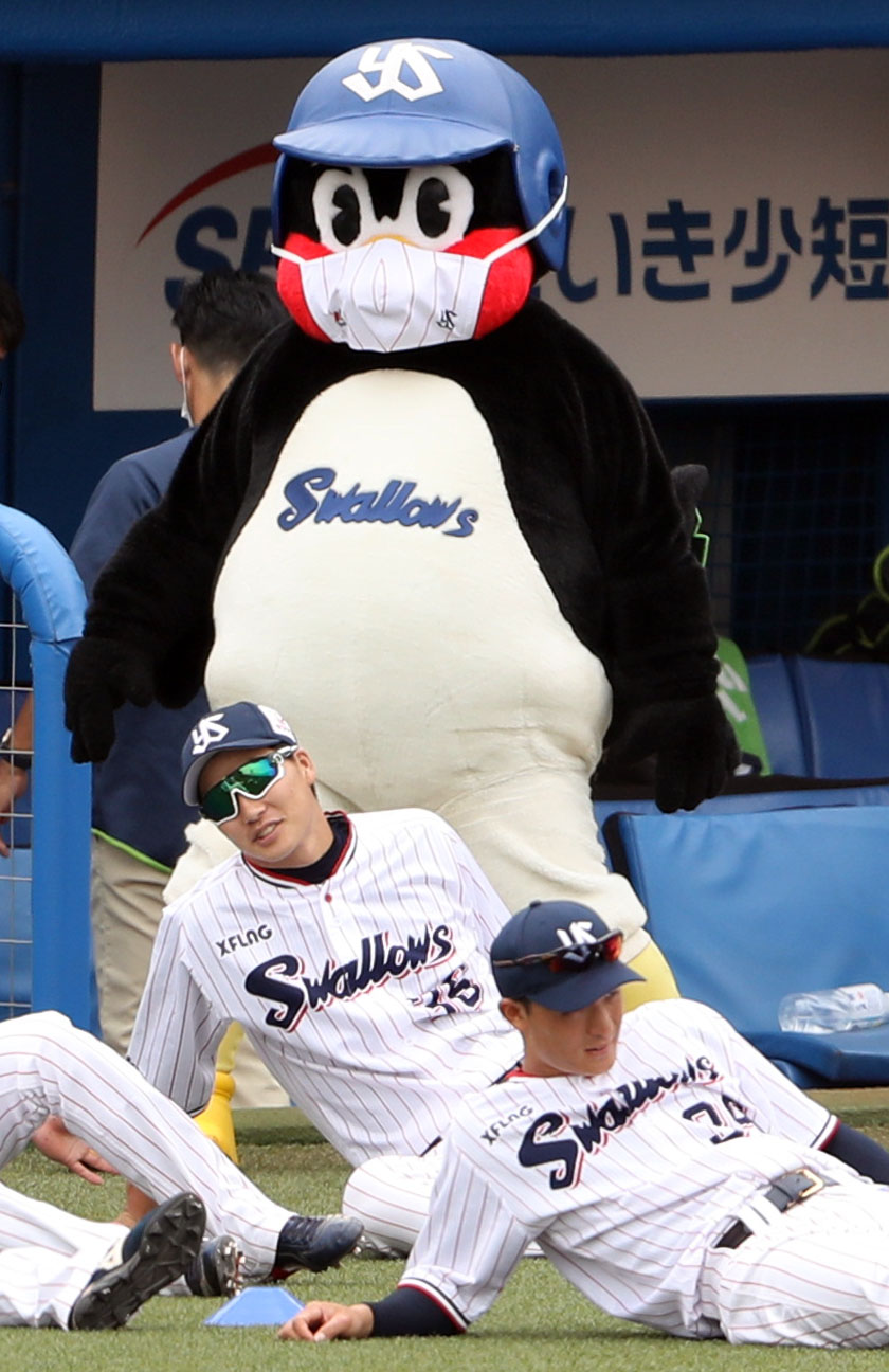 試合前、マスク姿で練習を見守るつば九郎（撮影・狩俣裕三）
