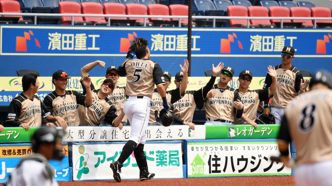 ロッテ対日本ハム　1回裏日本ハム無死一塁、左越え2点本塁打を放った大田をエアタッチで迎える日本ハムナイン（撮影・横山健太）