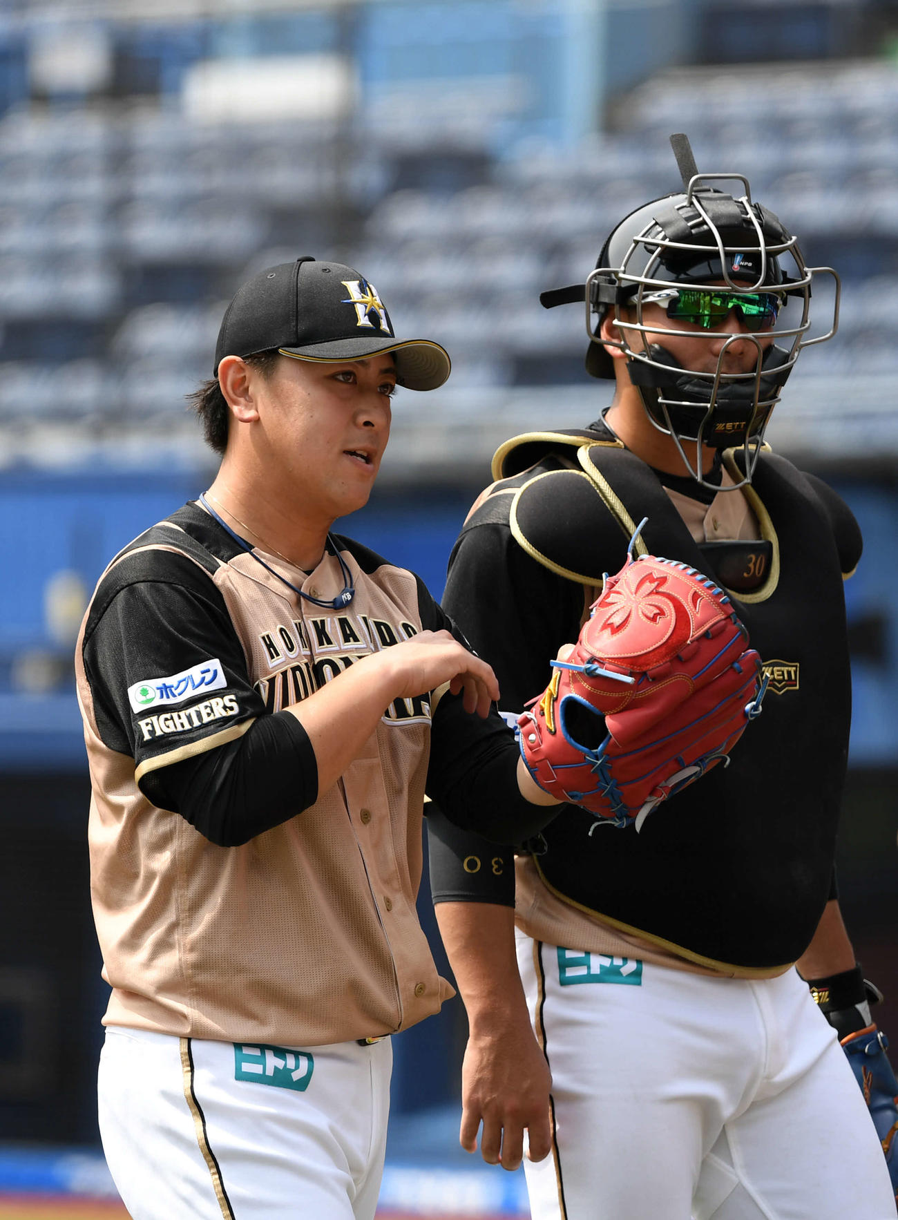 ロッテ対日本ハム　3回表を無失点に抑えベンチへ引き揚げる日本ハム河野（左）。右は宇佐見（撮影・横山健太）