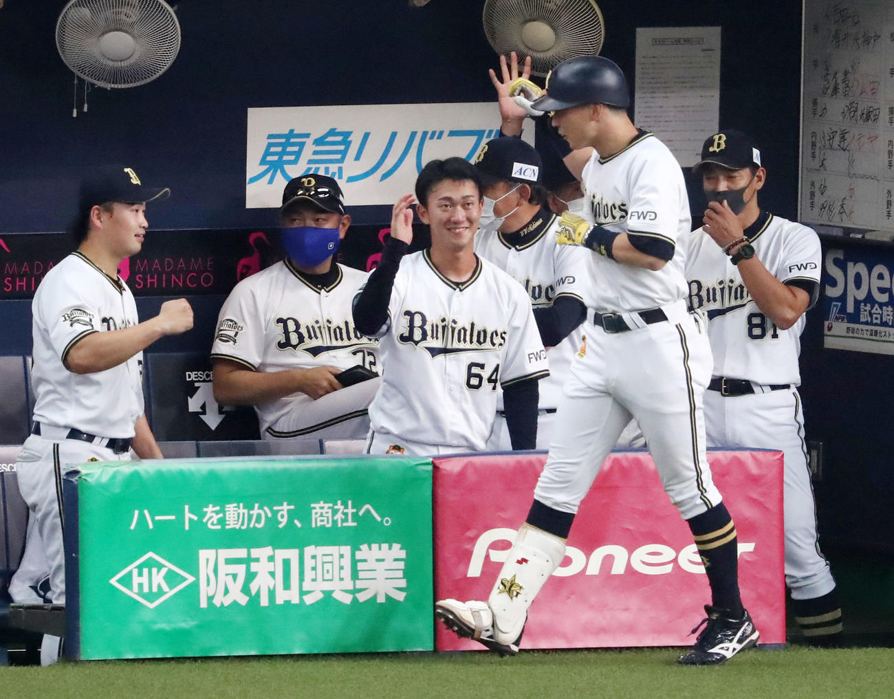 オリックス対ソフトバンク　8回裏オリックス無死、後藤は中越え本塁打を放ちベンチのナインにエアタッチする（撮影・加藤哉）