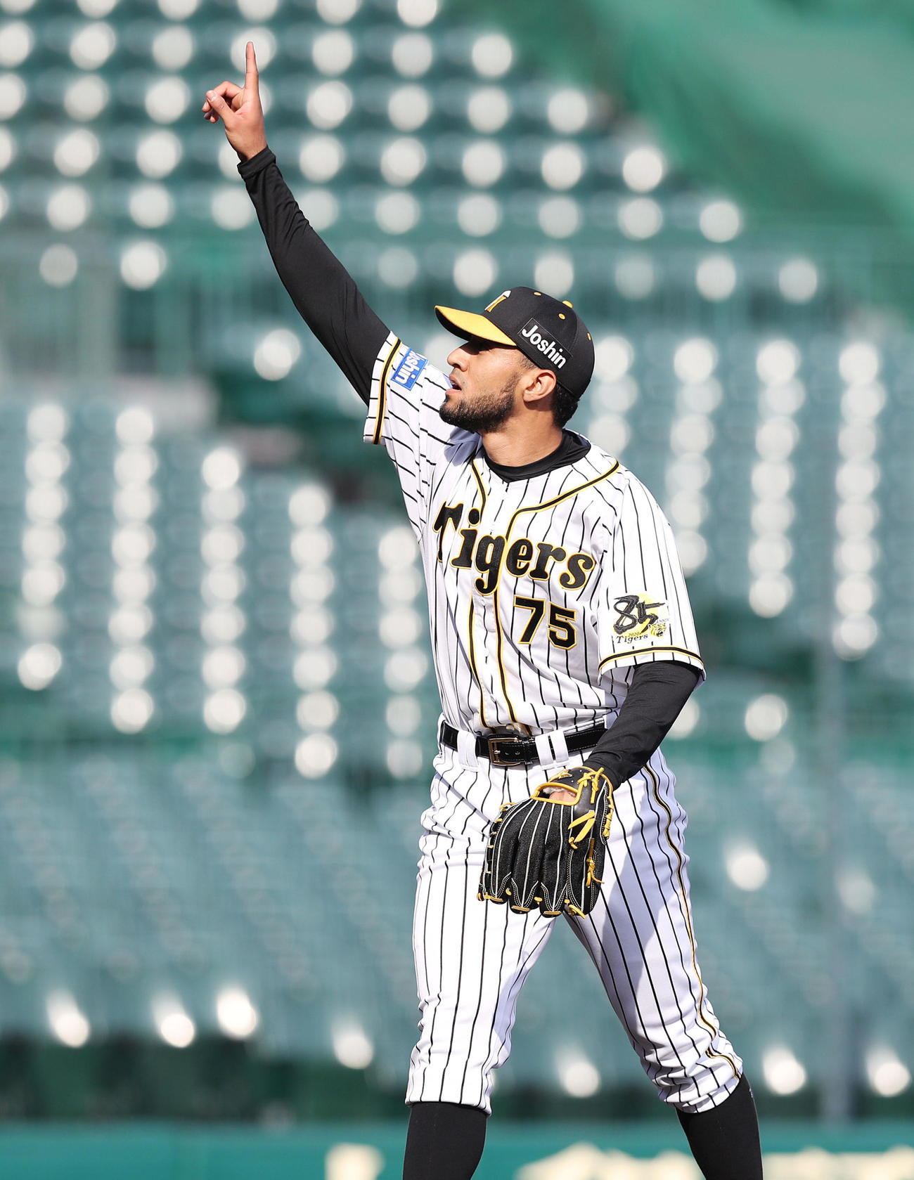 阪神対広島　8回表広島1死、磯村の打球を指さす阪神スアレス（撮影・前田充）