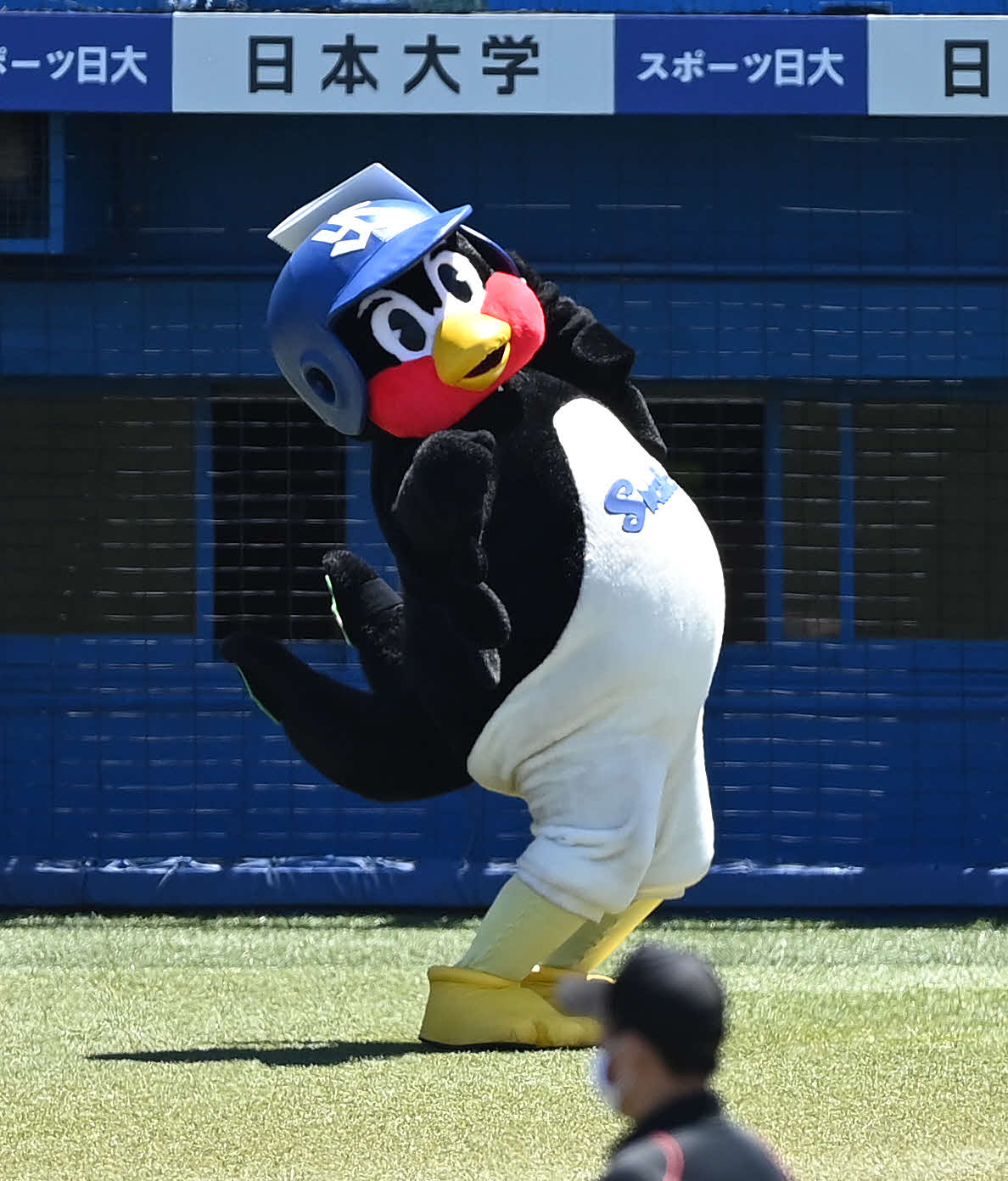 ヤクルト対日本ハム　試合前、日本ハム清宮のものまねをするつば九郎（撮影・鈴木みどり）