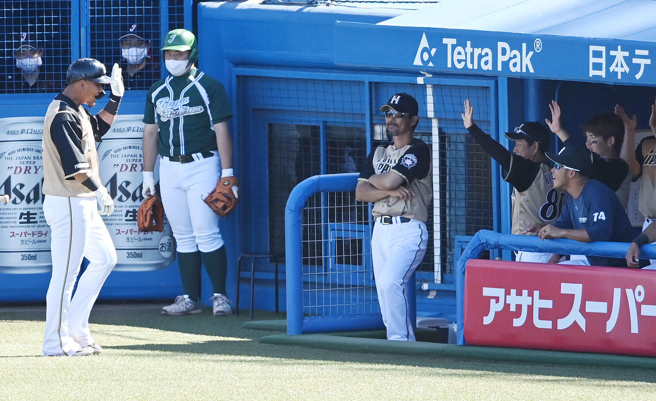 ヤクルト対日本ハム　5回裏日本ハム2死、左越えソロ本塁打を放った中田（左）を笑顔で迎える栗山監督（右から3人目）（撮影・鈴木みどり）