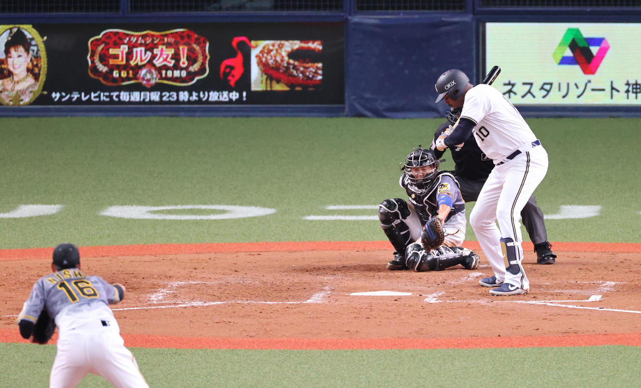 練習試合　オリックス対阪神　5回裏オリックス2死一塁、アダム・ジョーンズを見逃し三振に切る西勇輝（撮影・清水貴仁）