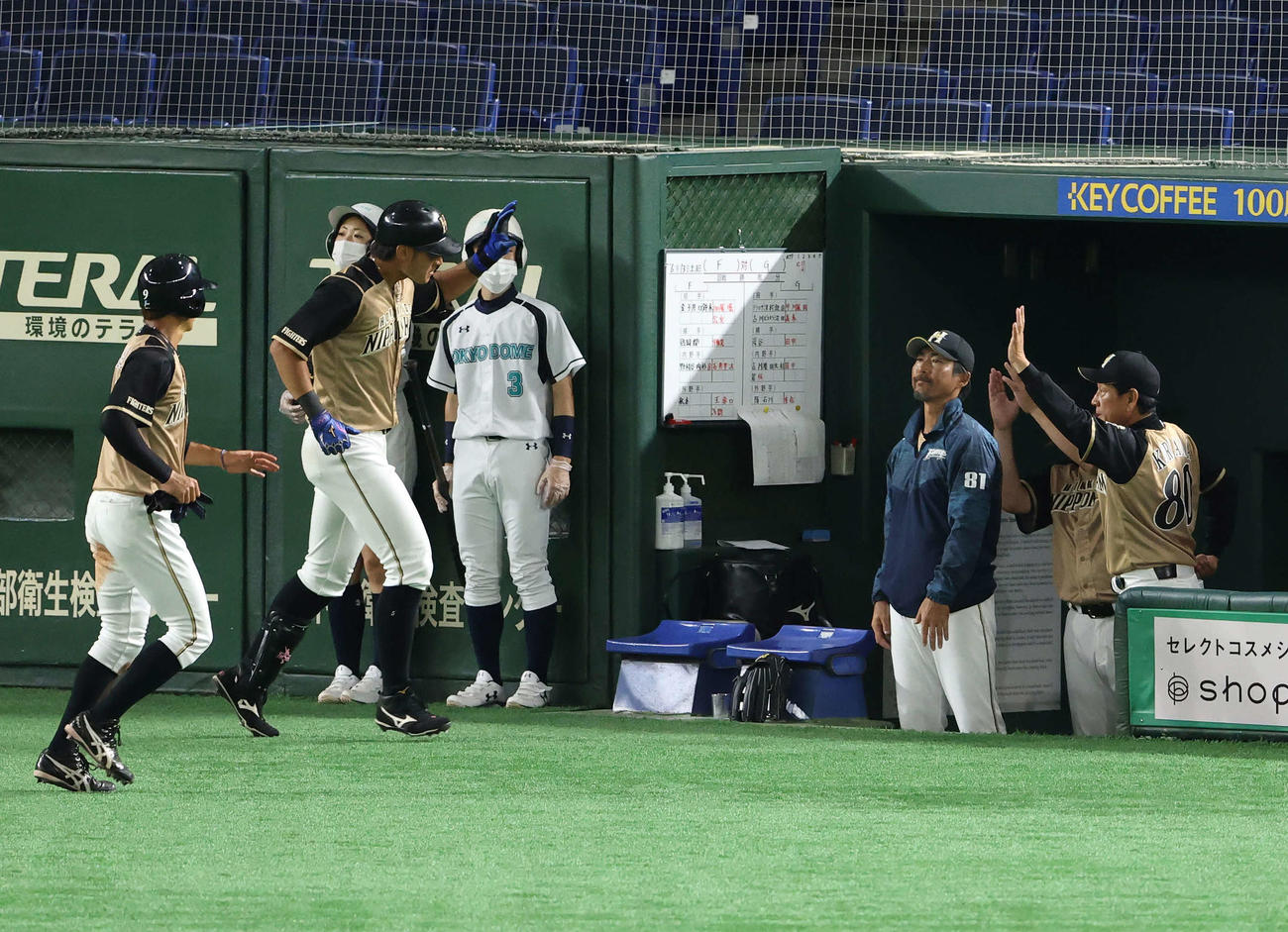 巨人対日本ハム　2回裏日本ハム1死二塁、2点本塁打を放った大田（左から2人目）を迎える栗山監督（右端）（撮影・江口和貴）