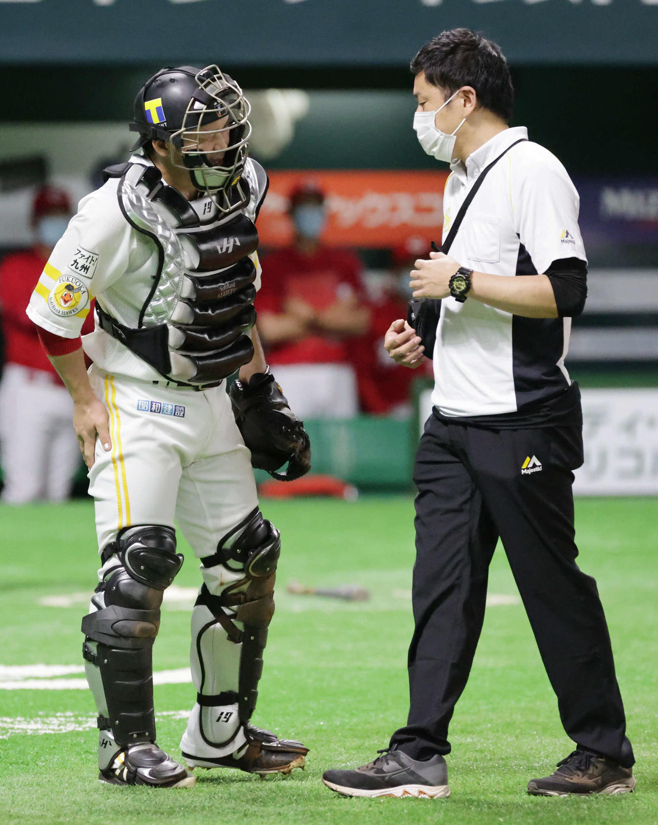 練習試合ソフトバンク対広島　3回表広島1死　打者安部の時、けがをしたとみられる甲斐（撮影・加藤孝規）