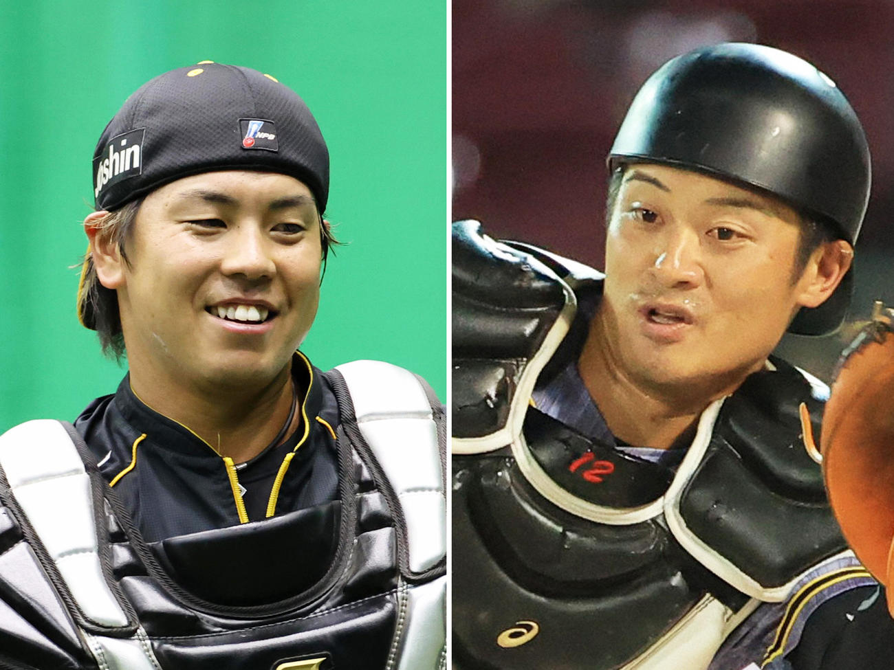 阪神梅野（左）と坂本
