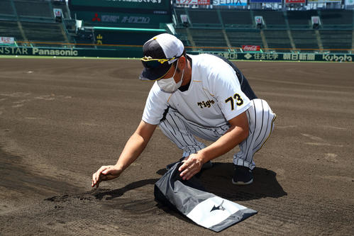 甲子園の土を集める金村曉コーチ（球団提供）