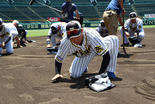 甲子園の土を集めるナインと首脳陣（球団提供）