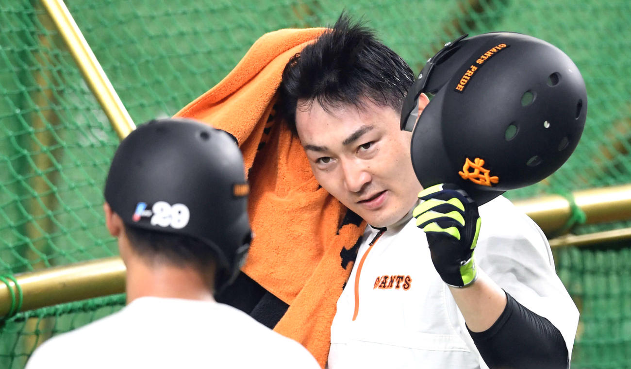 汗を拭く巨人丸（撮影・たえ見朱実）