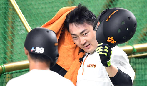 汗を拭く巨人丸（撮影・たえ見朱実）
