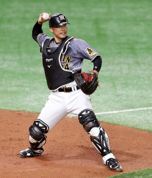 シートノックで一塁へ送球する原口（撮影・加藤哉）