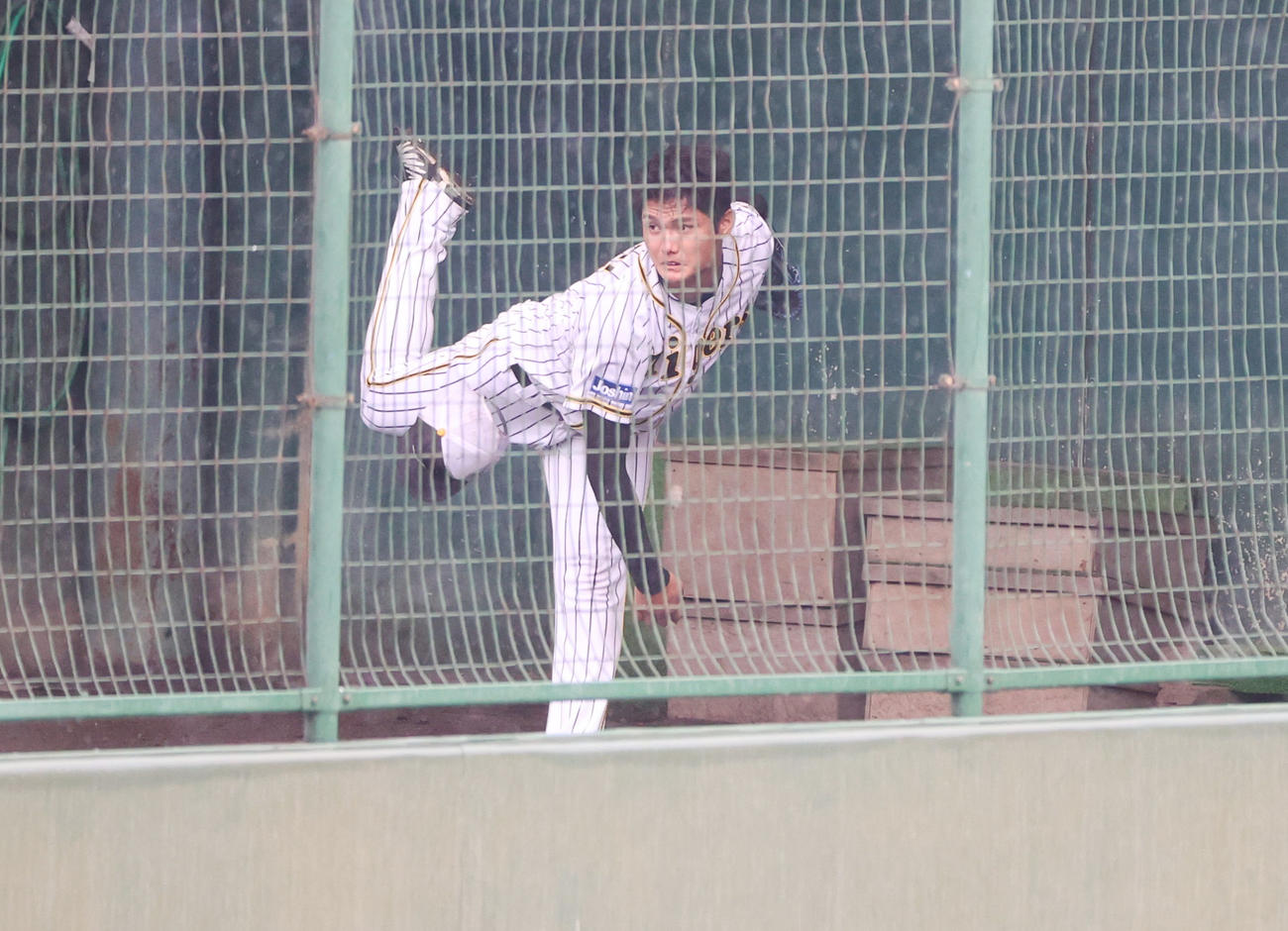 ブルペンで投球練習を行う西純矢（代表撮影）