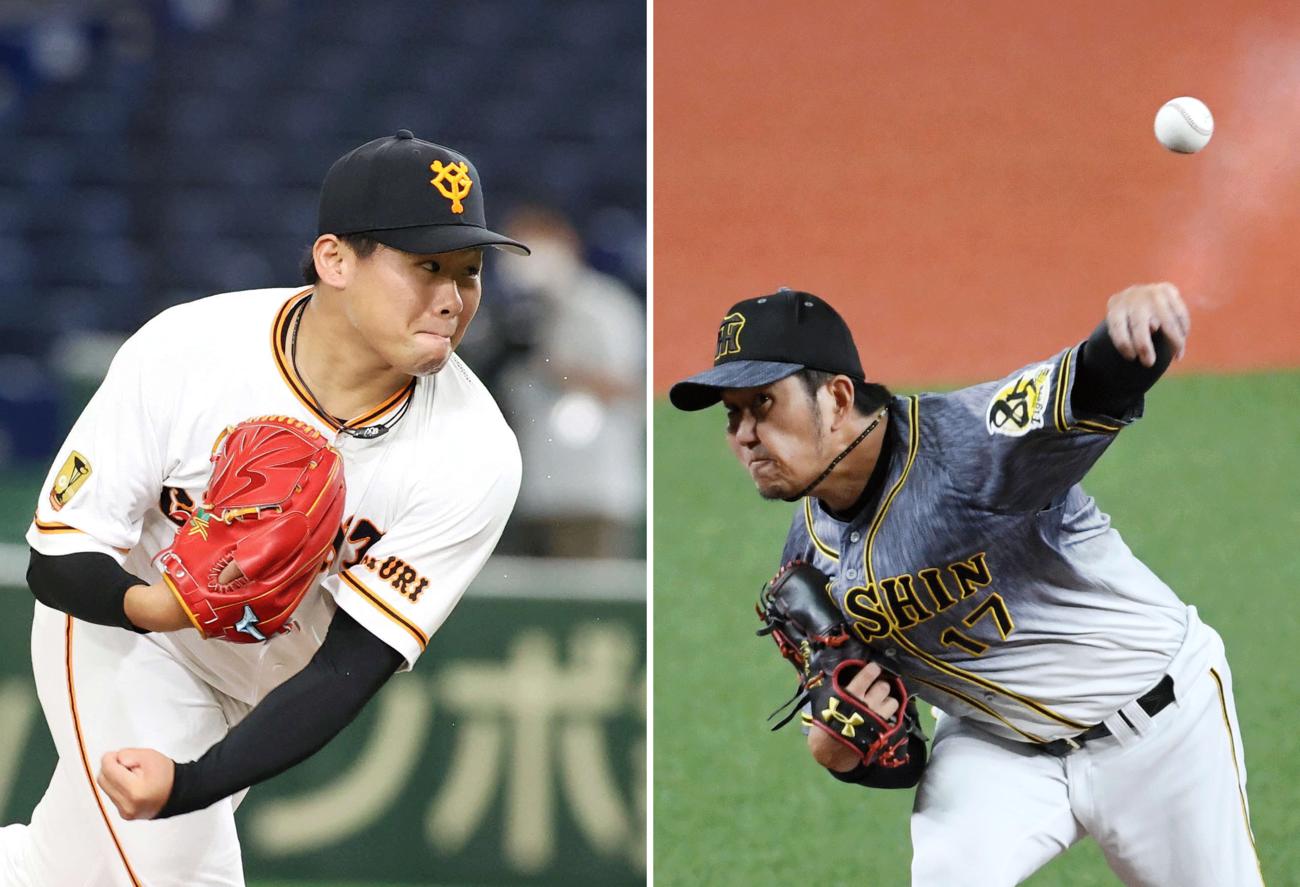 巨人田口（左）と阪神岩貞