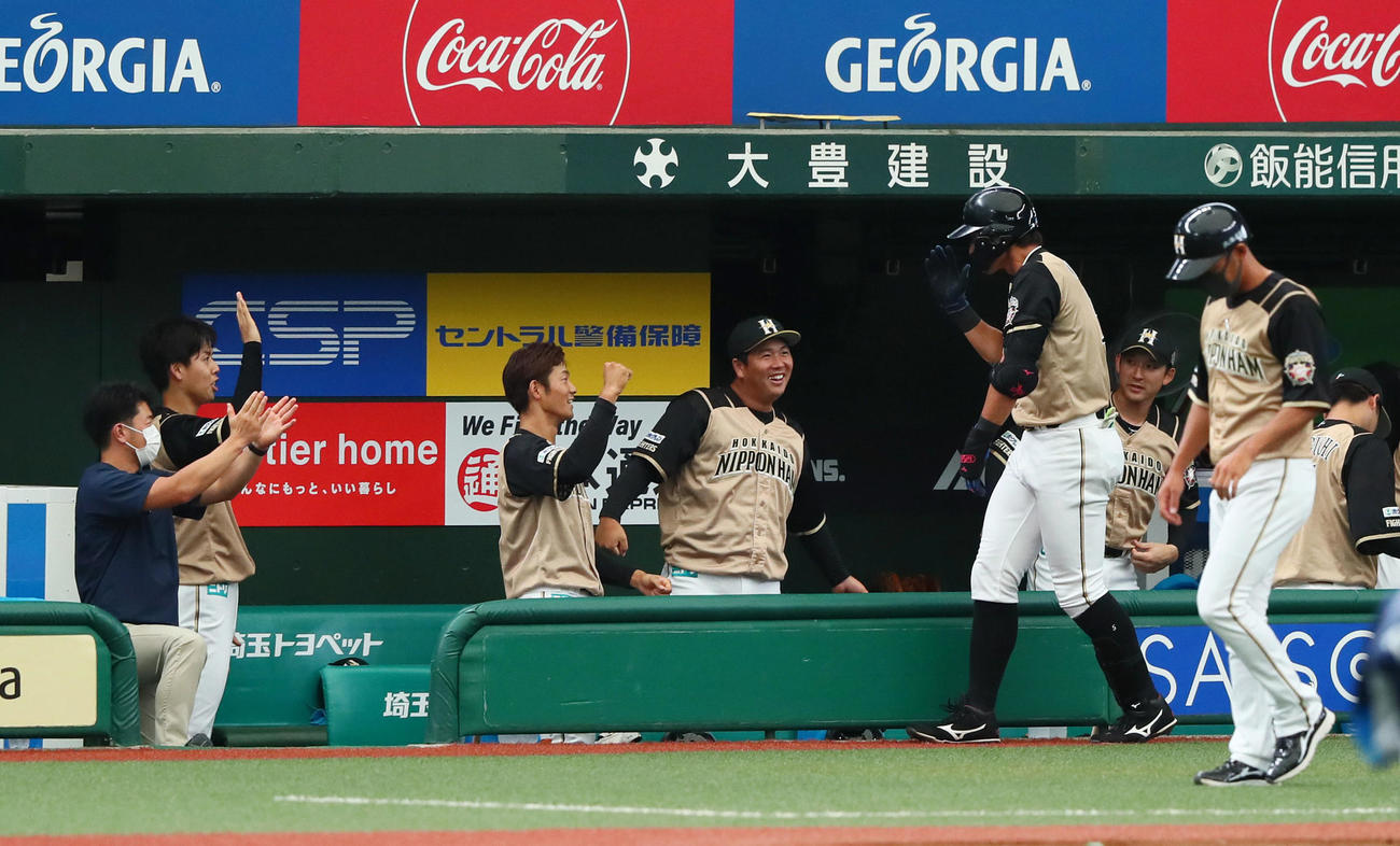 西武対日本ハム　4回表日本ハム無死、中越え本塁打を放った大田（左から5人目）をエアタッチで迎える杉浦（同2人目）ら（撮影・足立雅史）