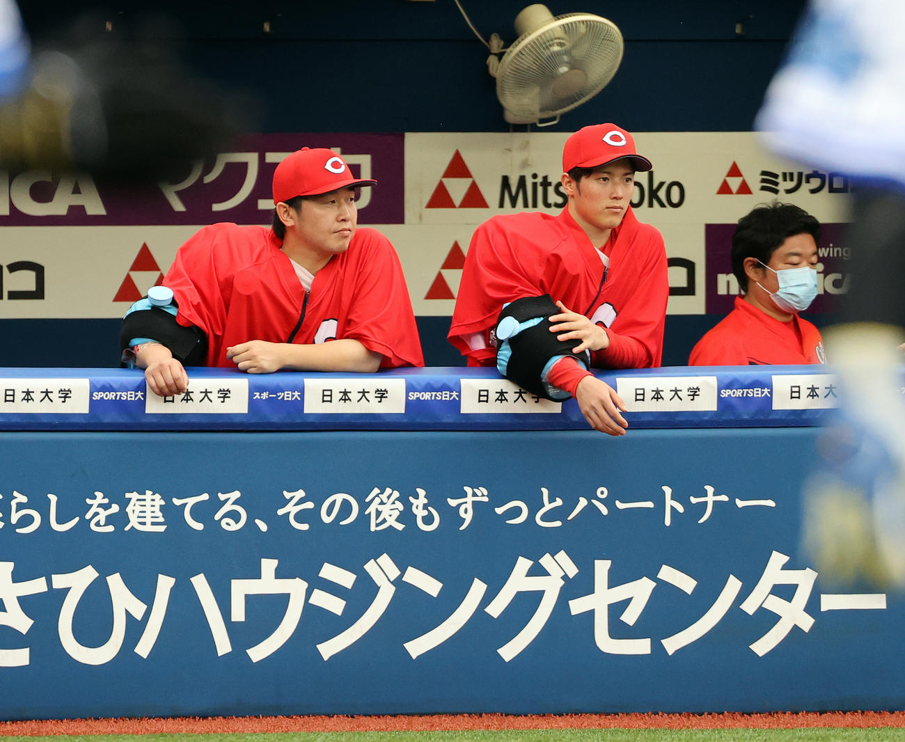 DeNA対広島　9回裏DeNA無死満塁、チームのサヨナラ負けにベンチ内で肩を落とす森下（左）と菊池保（撮影・大野祥一）