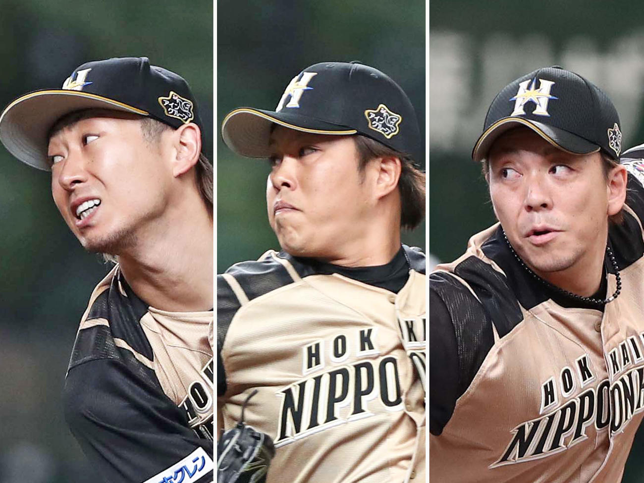 日本ハム中継ぎ陣の左から金子、公文、宮西