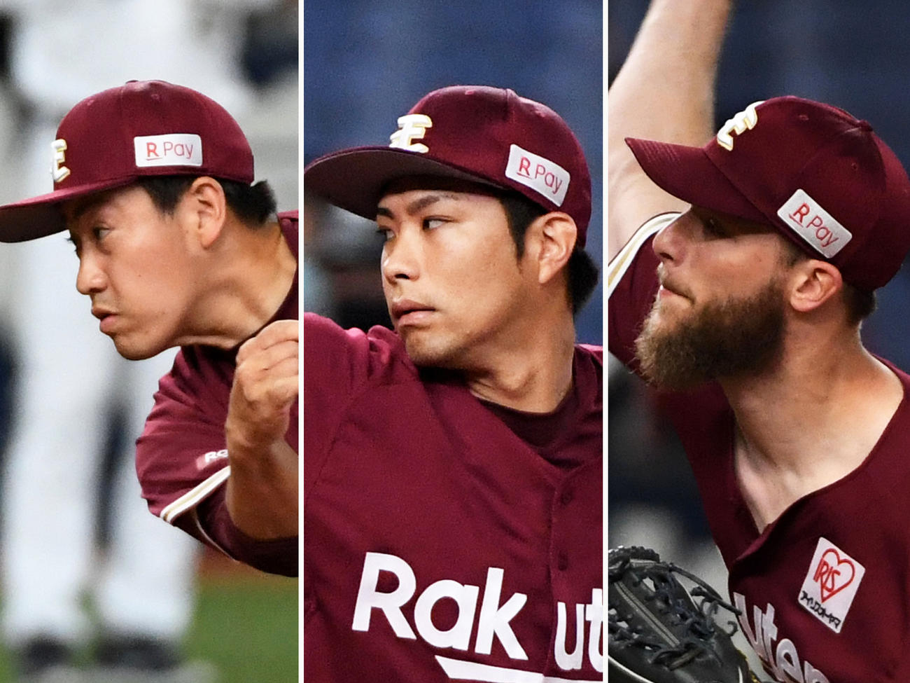 左から楽天牧田、辛島、ブセニッツ
