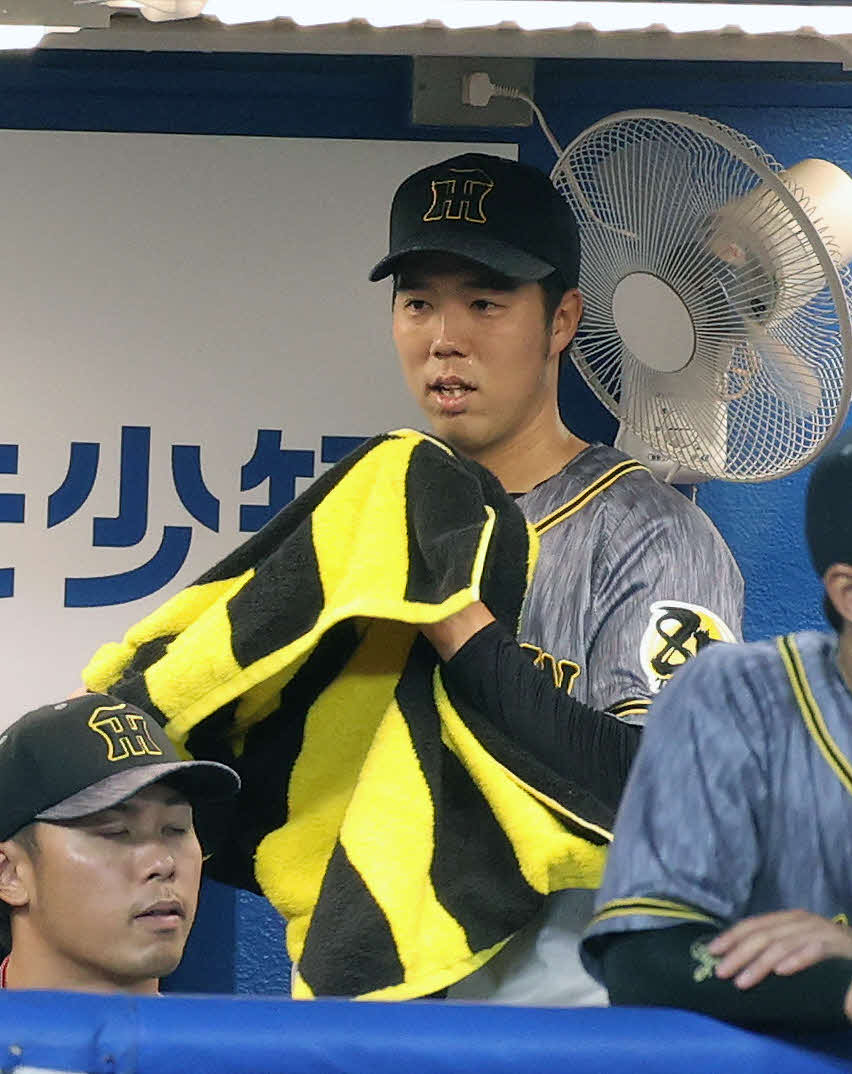 ヤクルト対阪神　7回裏、降板し汗を拭く阪神青柳（撮影・鈴木正人）