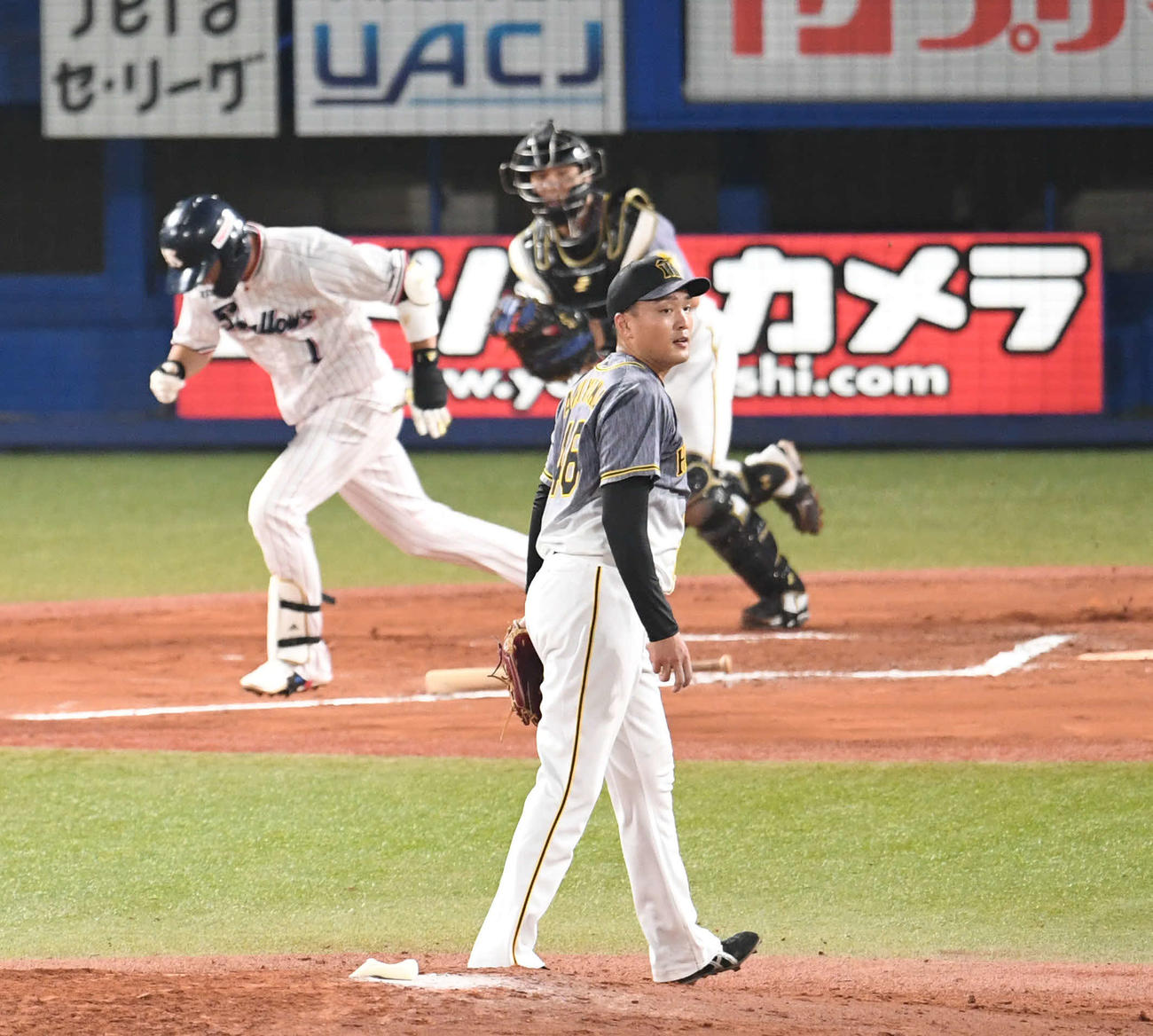 ヤクルト対阪神　6回裏ヤクルト2死、秋山は山田哲を遊ゴロに仕留める（撮影・山崎安昭）