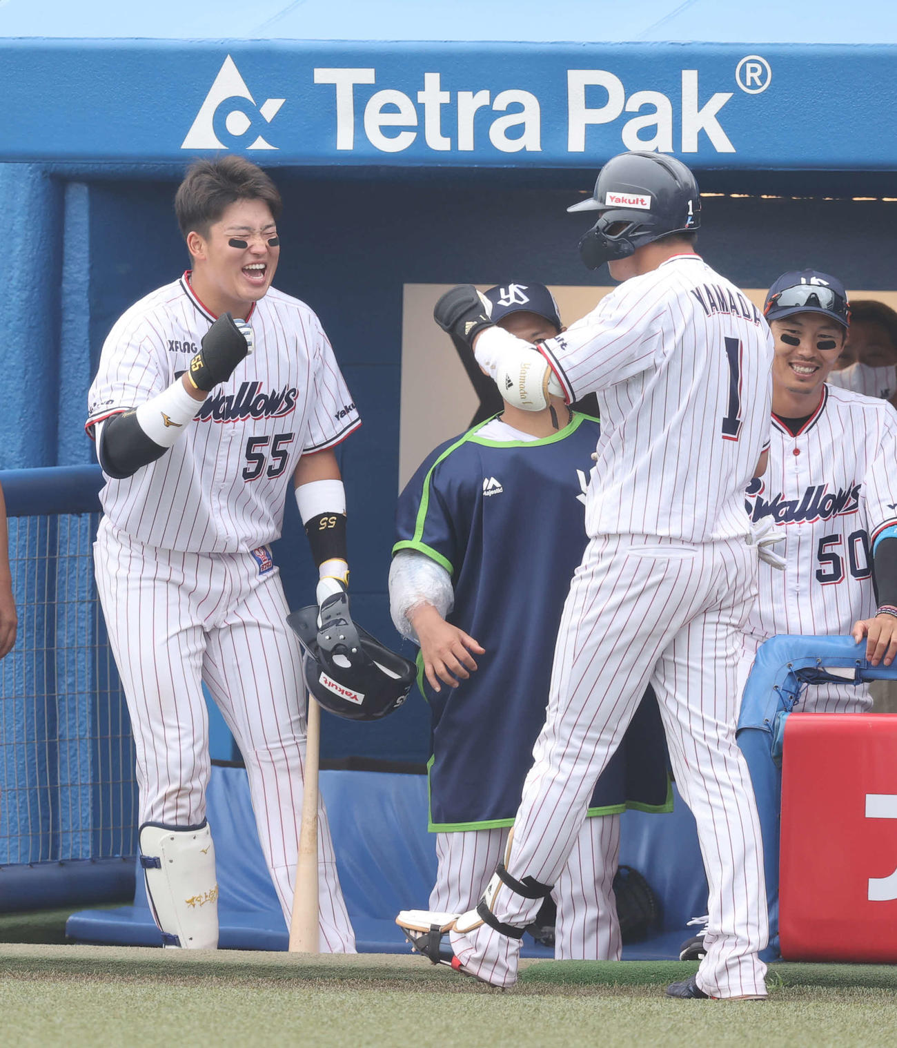 ヤクルト対巨人　6回裏ヤクルト1死満塁、左越え満塁本塁打を放った山田哲（右）を迎える村上（撮影・河野匠）