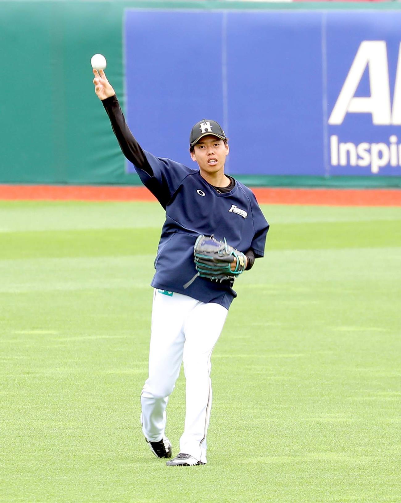 楽天対日本ハム　キャッチボールをする日本ハム杉浦（撮影・佐藤翔太）