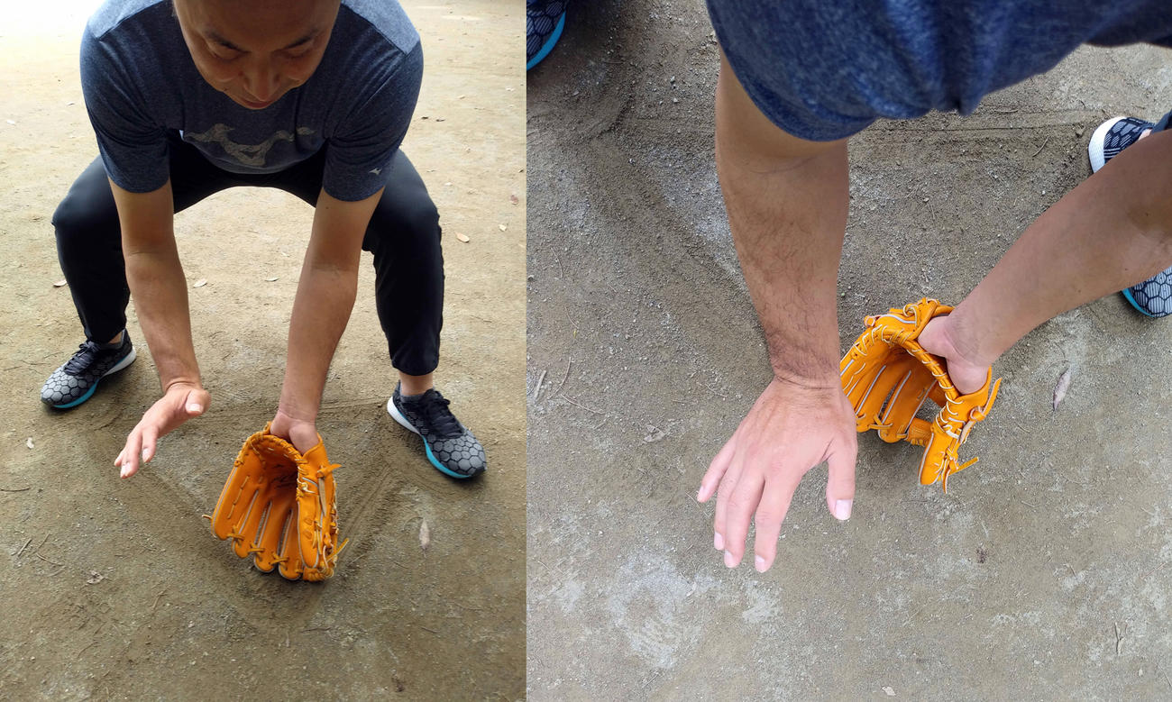 捕球時における手、足の位置関係を示す宮本氏