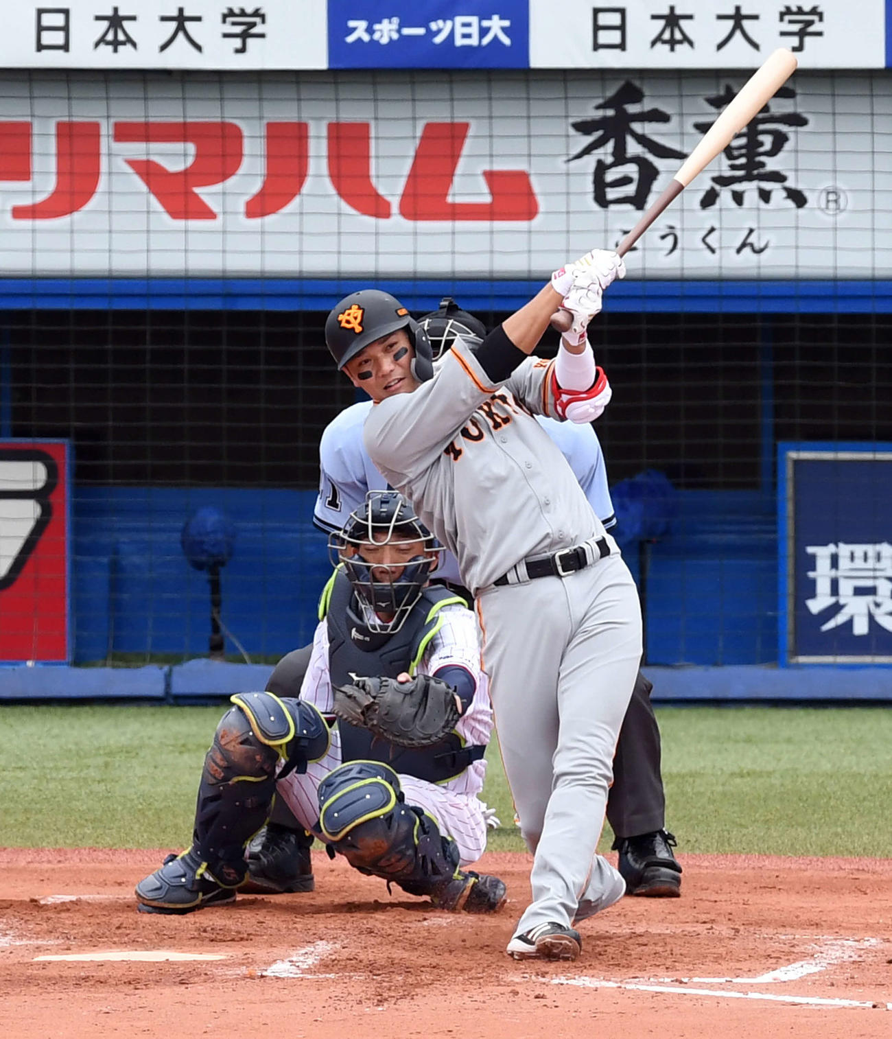 ヤクルト対巨人　4回表巨人1死三塁、、左前適時打を放つ坂本（撮影・たえ見朱実）