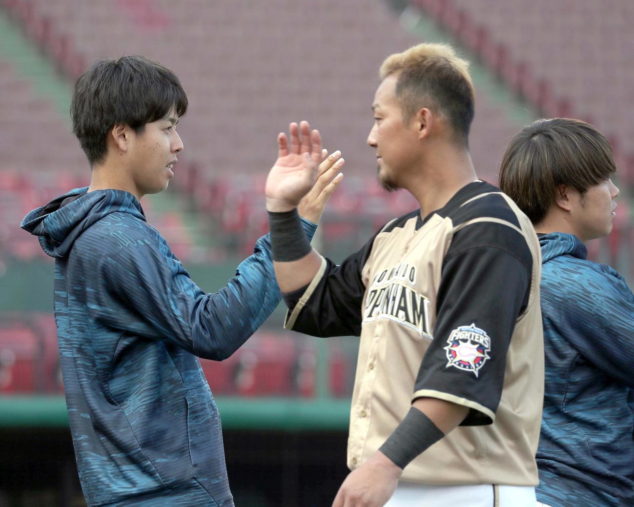 楽天対日本ハム　試合終了後、日本ハム中田を出迎える杉浦（左奥）（撮影・佐藤翔太）