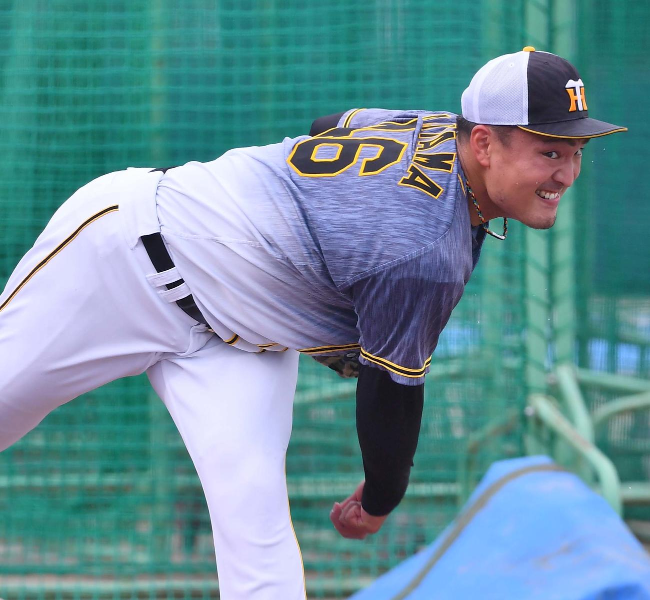 ブルペンで投球練習をする秋山拓巳（撮影・上田博志）