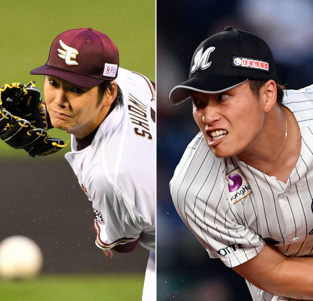 楽天塩見貴洋（左）とロッテ岩下大輝