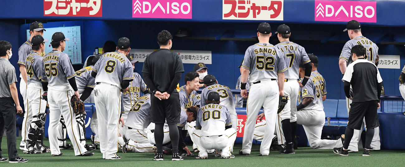 中日対阪神　試合前、円陣を組む阪神ナイン（撮影・前岡正明）