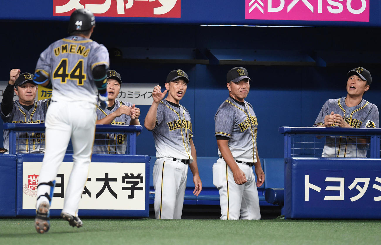 中日対阪神　3回表阪神1死、右越え本塁打を放った梅野隆太郎を迎える矢野燿大監督（撮影・森本幸一）