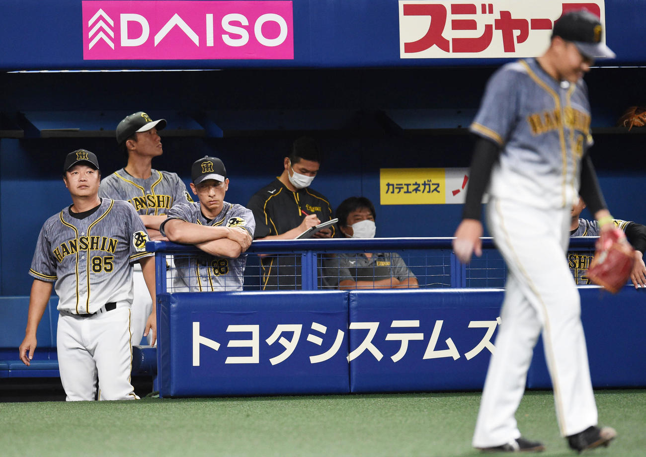 中日対阪神　5回裏中日1死満塁、ビシエドに2点適時打を打たれガックリの秋山をベンチから厳しい表情で見つめる矢野監督（撮影・森本幸一）
