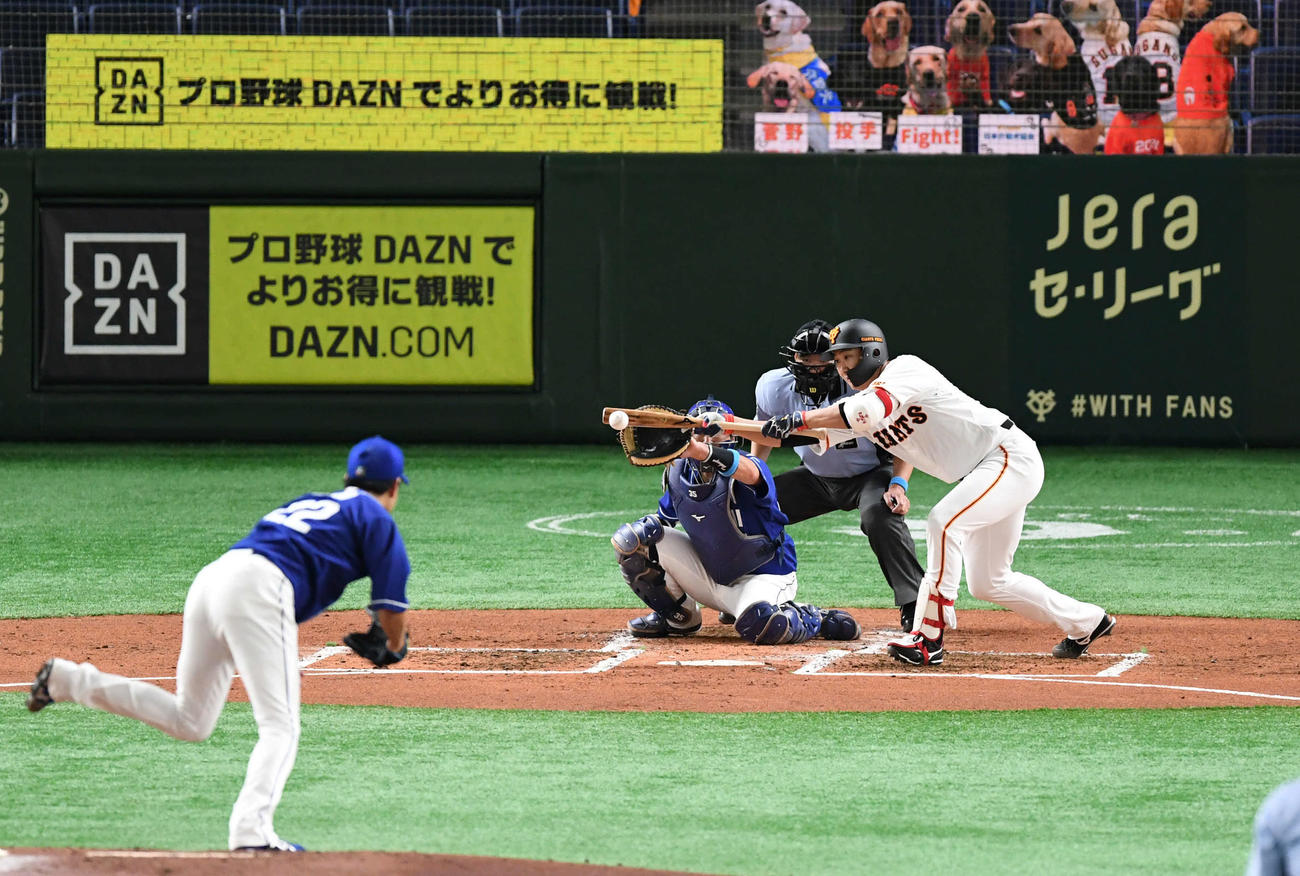 巨人対中日　2回裏巨人1死一塁、菅野は犠打を決める。投手大野雄（撮影・山崎安昭）