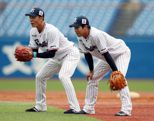 ヤクルト対DeNA 試合前、並んでノックを受ける宮本(左)と山田哲(撮影・狩俣裕三)