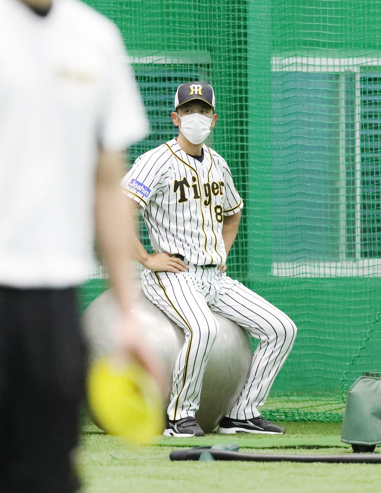 バランスボールに座って練習を見る矢野監督（撮影・加藤哉）