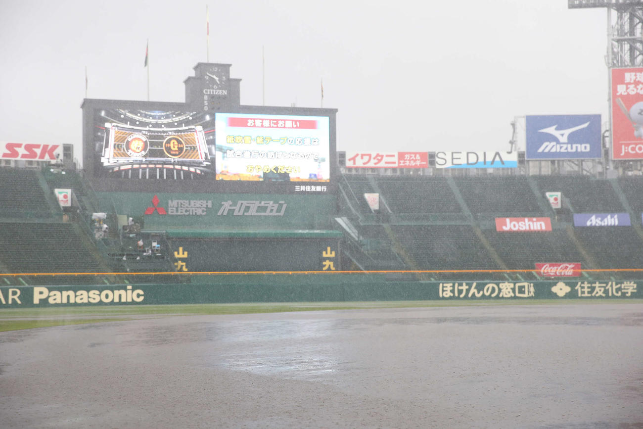 阪神対巨人　試合前、巨人の練習中に大粒の雨がグラウンドに降り注いだ（撮影・河野匠）