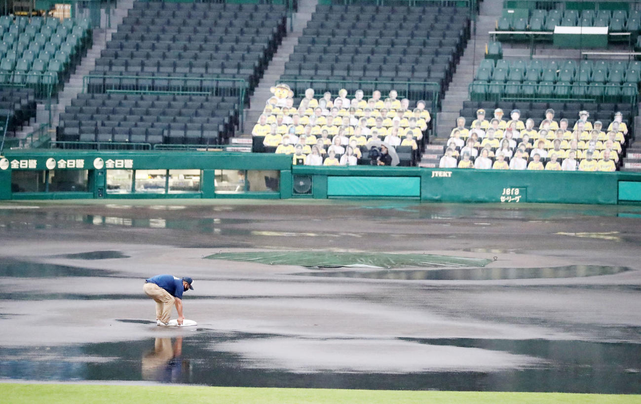 阪神対巨人　雨天中止となり使用しなくなった二塁ベースを撤収する阪神園芸（撮影・加藤哉）