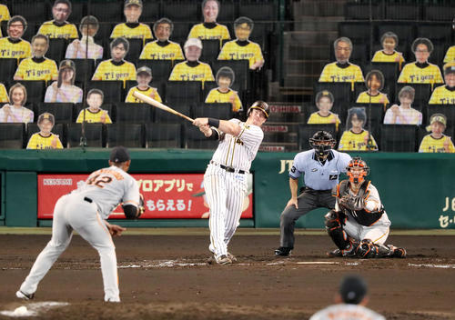 阪神対巨人　7回裏阪神無死一塁、ジャスティン・ボーアは中越え2点本塁打を放つ（撮影・加藤哉）