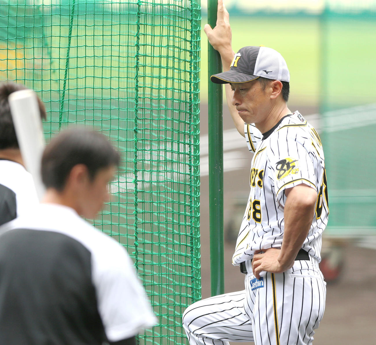 阪神対巨人　試合前の練習中、考え込む矢野監督（撮影・上山淳一）