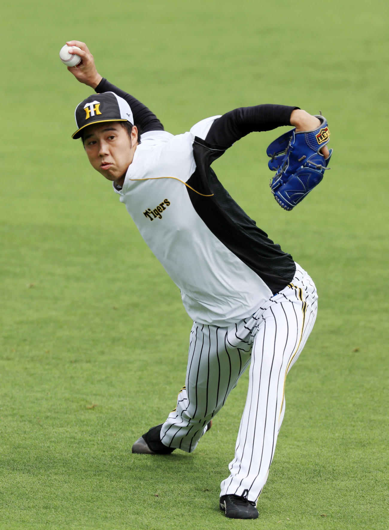 外野でキャッチボールする阪神青柳（撮影・加藤哉）
