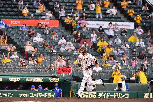 阪神対DeNA 1回裏阪神1死、応援するファンを背に左越えソロ本塁打を放つ大山悠輔(撮影・上田博志)